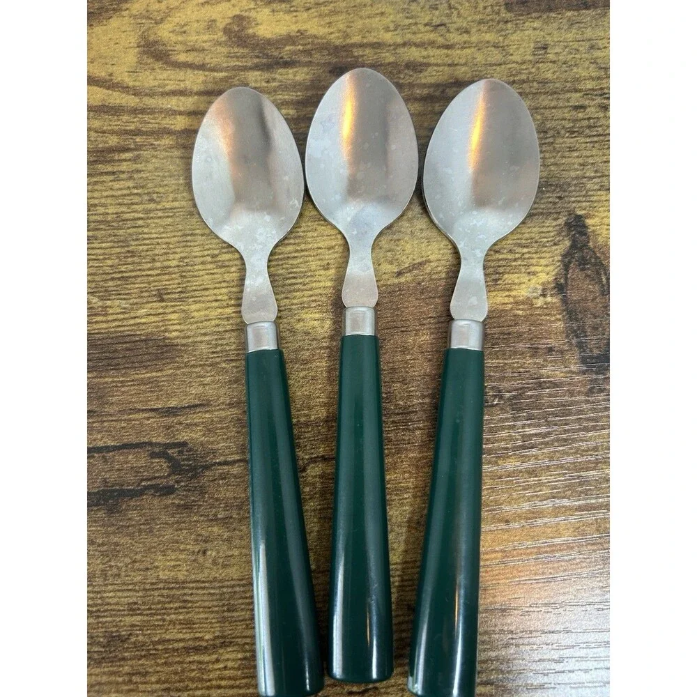 Vtg Flatware Set Green Handles Stainless Knives Forks Spoons Retro Taiwan 11pc